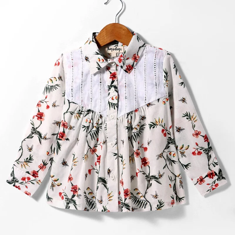 Huge Discounts This Week Great Deals on Ethnic Cultural Wear Pre-Order: Floral print full sleeves button down shirt with ladder lace inserts at yoke-White