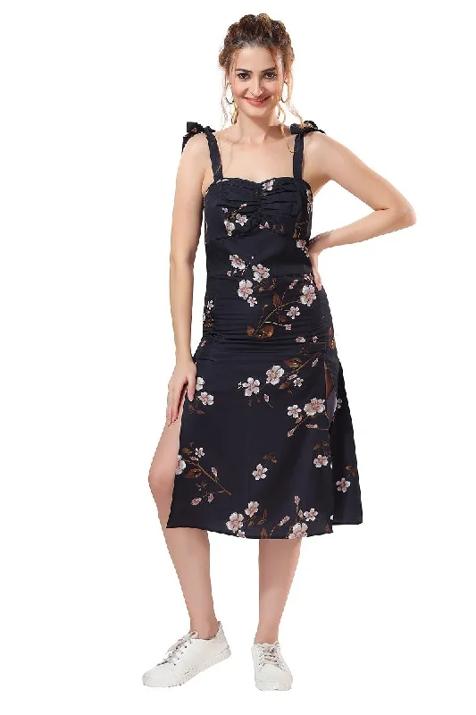 Unbeatable Prices Charming Silhouette Cherrylavish Black Floral Shoulder Tie Ruched Bust Slit Dress