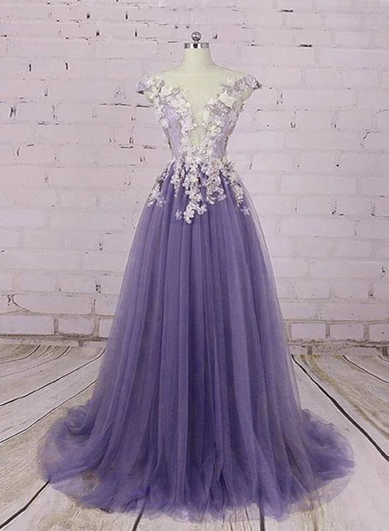 You'Ll Love Us Because Hollywood Glam Award - Show Style Light Purple Tulle Floral Long A-Line Prom Dress Wedding Party Dress, Lace Flowers Party Dress    cg22375