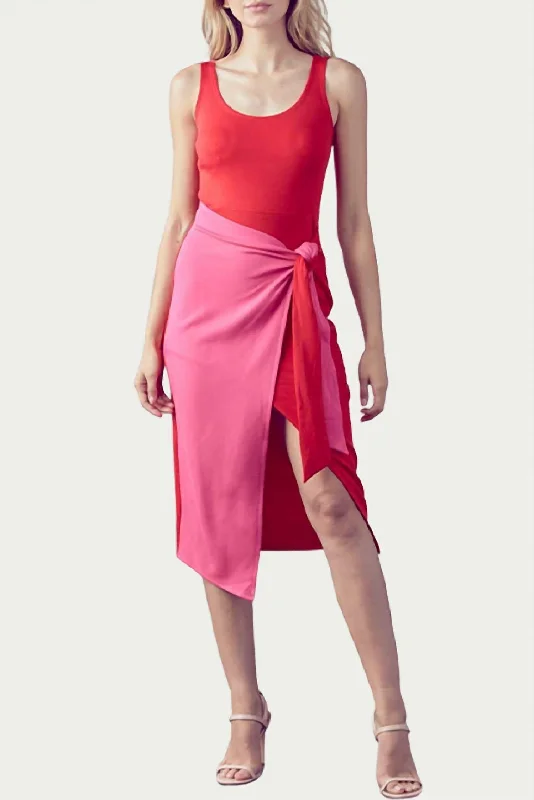 Classy Style Discounts Casual Elegance Color-Block Wrap-Effect Midi Dress In Red/pink