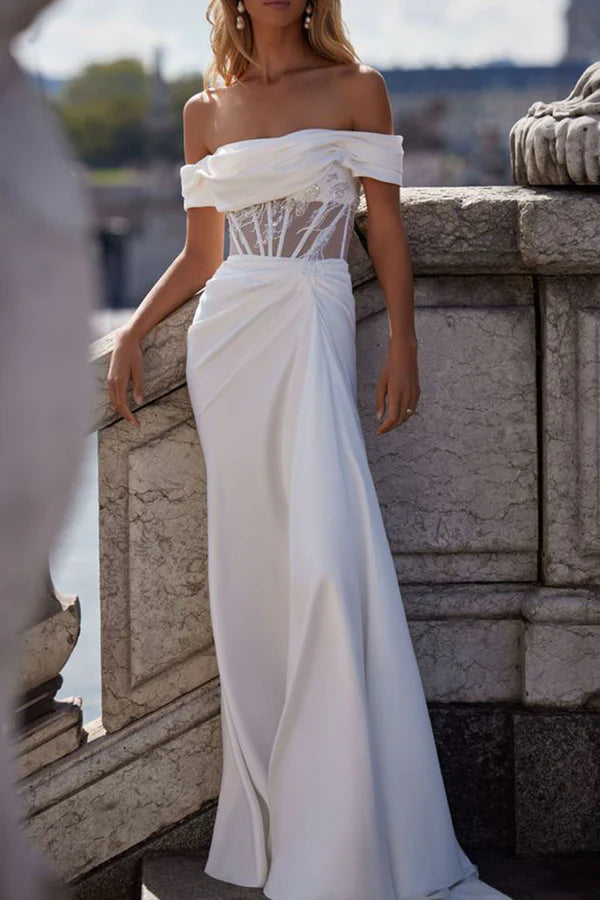 Limited Time Deal Chic Allure Strapless satin pleated short sleeved Bohemian mermaid wedding dress