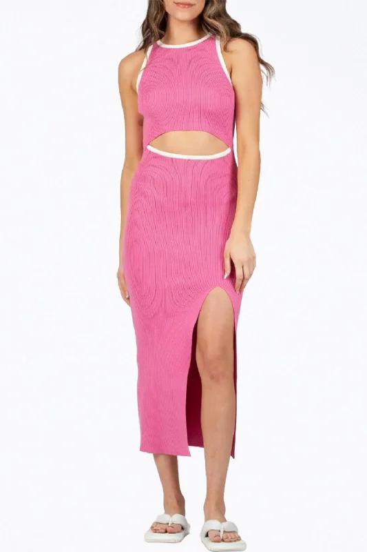 Contemporary Chic Promotions Luxe Layering Denise Ribbed-Knit Cutout Midi Dress In Bubblegum Pink