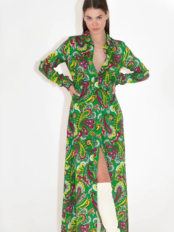 Comfortable Chic Romantic Flair Jacqueline Crepe Shirt Maxi Dress - Paisley Green