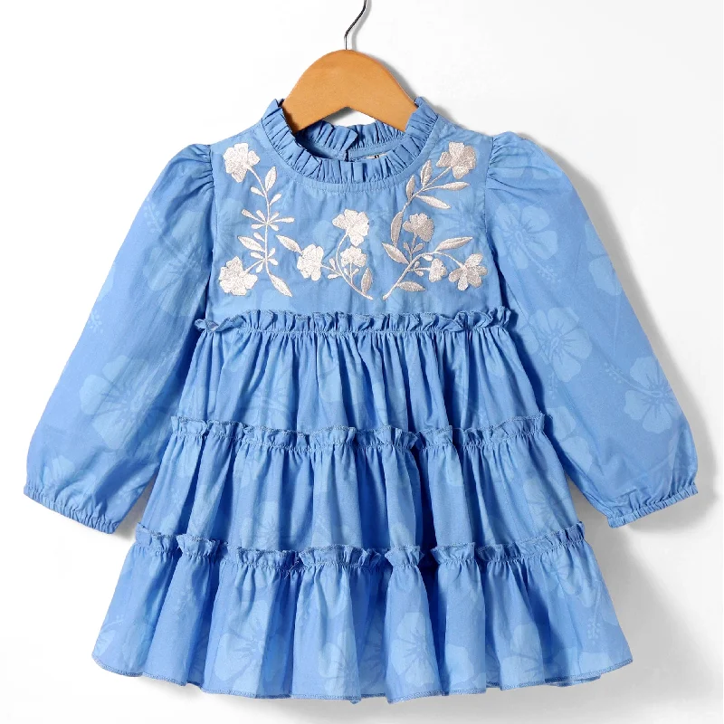 Absurdly Cheap Sale Limited - Stock Pre-Order: Self hibiscus print top with ecru floral embroidery at yoke n multi frills at flounce-Blue