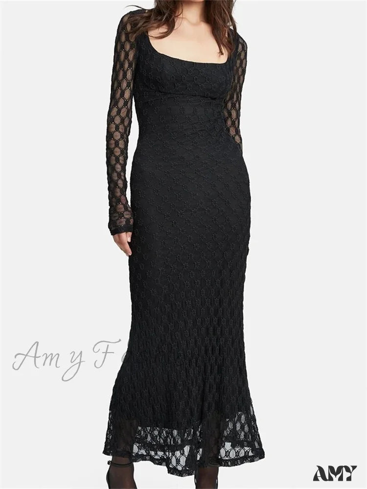 Casual Yet Chic Sales Graceful Movement Amy Fashion - Elegant Women Spring Autumn Party  See Through  Sleeve Square Neck Lace Floral Slim Fit Vestidos