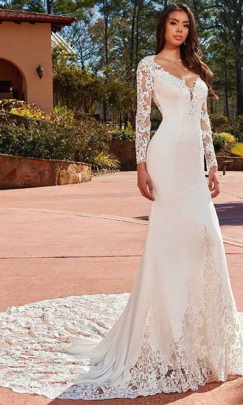 Glamorous Fashion Offers Tropical Island - Inspired Attire Rachel Allan M827 - Embroidered Long Sleeve Bridal Gown