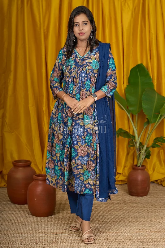 Chic Trends Unveiled Modern Romance Navy Blue Viscose Muslin Silk Anarkali Suit Set with Bold Floral Print and Embellished V-Neck for Women