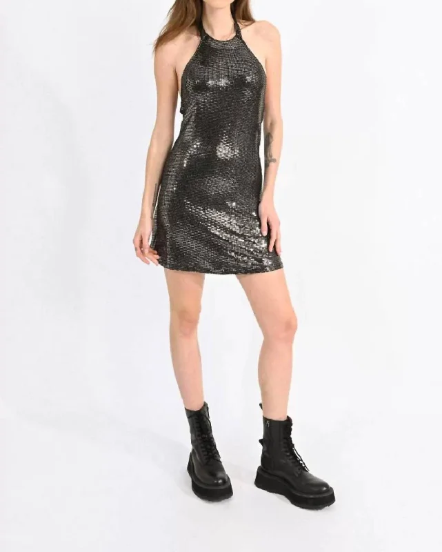 Forward Trendsetter Dreamy Aesthetic Knit Halter Mini Dress In Silver