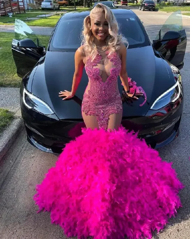 Urban Fashion Feminine Charm Fuchsia Pink African Prom Dress for Women Sparkly Luxury Diamond Crystal Feather Sheer Mesh Birthday Evening Gown robes de gala