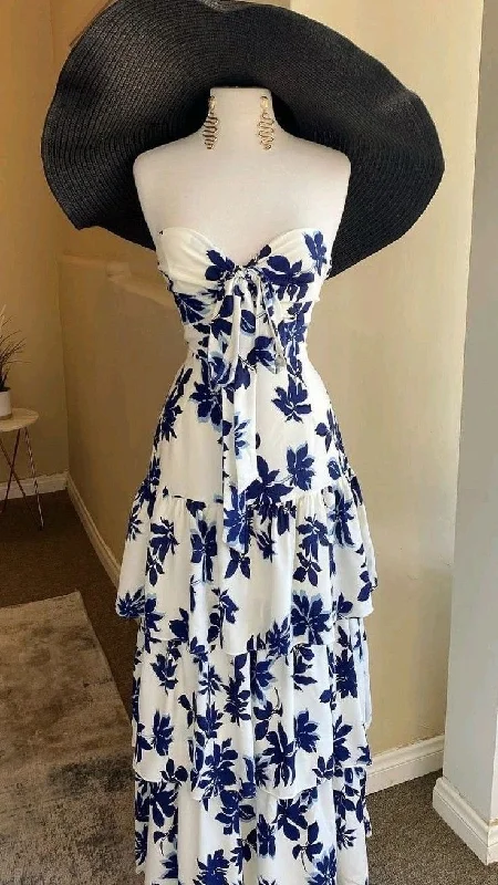 Flash Sales Refined Simplicity Simple A line Strapless Sleeveless Royal Blue Floral Prom Dress C1130