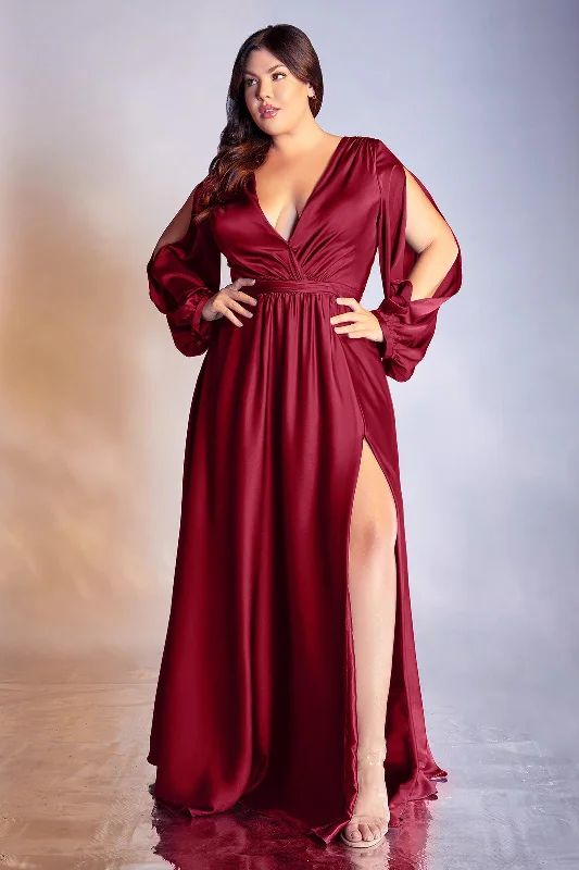 Stylish Statements Vintage Charm Cinderella Divine 7475C Plus Size Formal Long Sleeve Satin Dress Burgundy