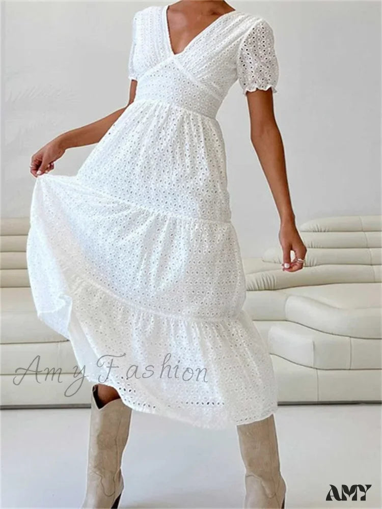 Fashionista Sale Feminine Charm Amy Fashion - Elegant Women Summer Short Sleeve A-Line Solid V-neck Lace Floral Backless Tie-up  Party Vestido