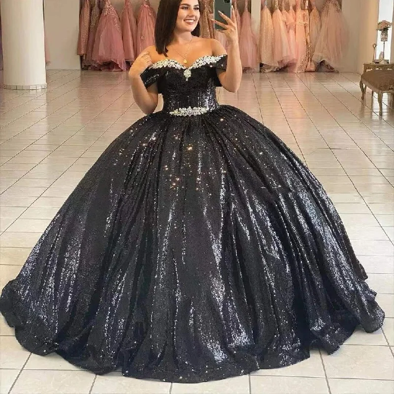 Fashion Sale Modern Romance Black Shiny Quinceanera Dresses Sequined Beading Off The Shoulder Princess Ball Gown For Sweet 16 Girl Vestidos De 15 Años