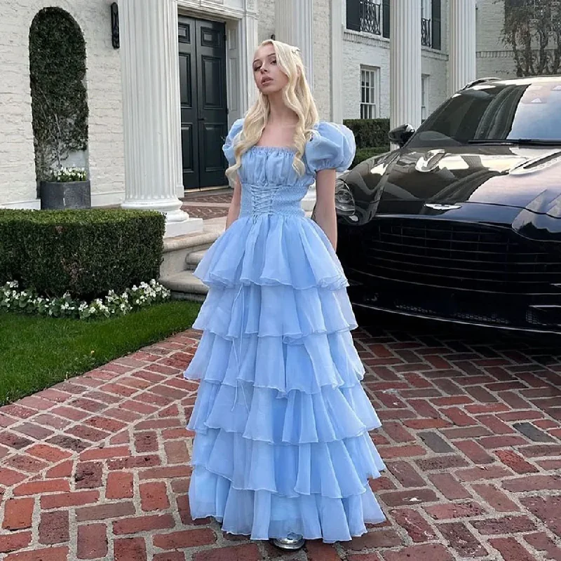 Hurry Before It'S Gone Artful Design Sky Blue Tiered Skirt Prom Dresses 15 Quinceanera Dresses Puff Short Sleeves Lace Up Formal Party Gowns Birthday Dress