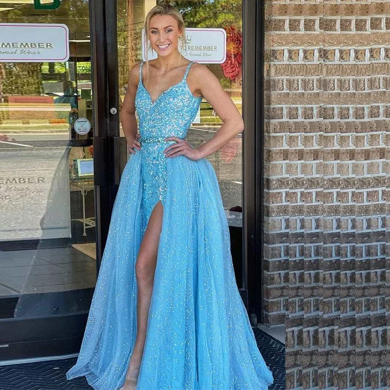 Sophisticated Fashion Art Deco Geometric Pattern Look Sparkly Mermaid Homecoming Dresses Side Split Spaghetti Strap Prom Gown with Detachable Train Light Blue Sequins Pageant Wear