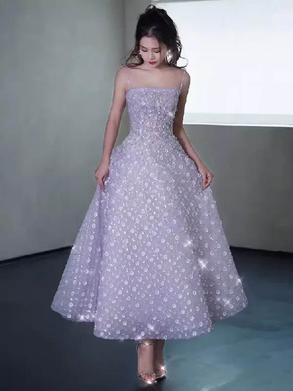 Refined Fashion Sale Flash Sale Sexy A Line Sleeveless Lilac Floral Sequin Long Prom Dress C02