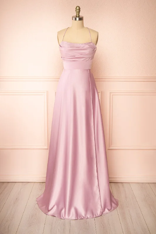 Best Sellers Luxury Comfort Marlys Mauve | Cowl Neck Satin Maxi Dress w/ High Slit