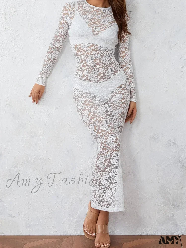 Elegant Fashion Offers Vintage Look Amy Fashion - Women Lace Floral See Through  Vintage  Sleeve Round Neck Solid Back Split Party Female Vestidos