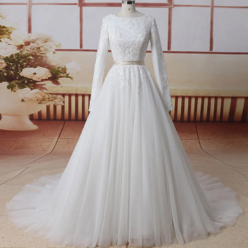 Style Redefined Timeless Elegant Long Sleeve High Boat Neck Satin Tulle Bridal Wedding Dress