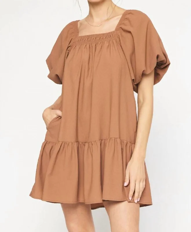 Stupidly Low Prices Casual Elegance Bubble Sleeve Mini Dress In Camel