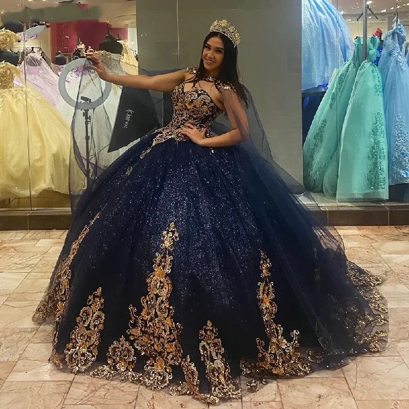 Flirty Fashion Discounts Flowing Silhouette Blue Quincenara Dress 3D Flowers Applique Lace Ball Gown With Cape Corset Sweet 16 Vestidos De XV Años