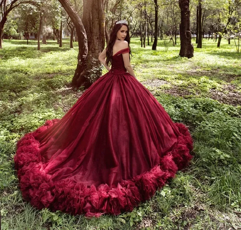 Don't Miss Out Graceful Movement Burgundy Quinceanera Dresses Ball Gown Off The Shoulder Tulle Ruffled Sweet 16 Dresses 15 Años Mexican