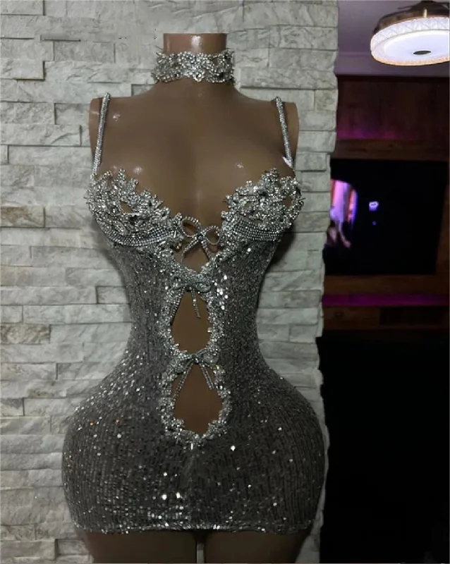 Discover Promotions Bold Silhouette Luxury Silver Crystals Spaghetti Short Prom Dress African Glitter Sequin Mermaid Mini Cocktail Party Gown See Thru robe de bal