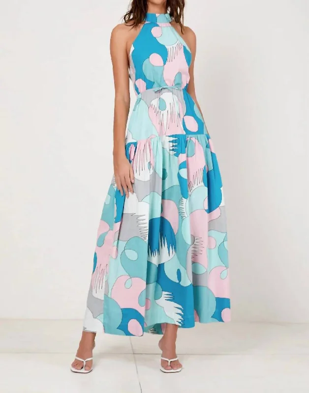 Premium Style Boho - Chic Festival - Ready Style Highneck Cross Back Midi Dress In Palm Springs