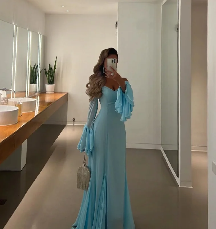 Limited Stock Feminine Grace Blue Chiffon Mermaid Evening Dresses Off Shoulder Formal Occasion Gown Halter Prom Dress Evening Gowns Floor Length