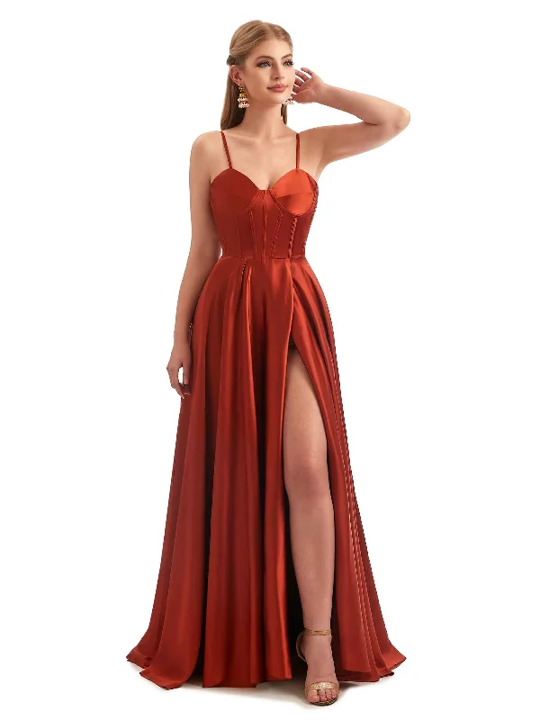 Crazy Discounts, Hurry Up Contemporary Elegance A-Line Formal Satin Long Wedding Guest Dresses Online Side Split Spaghetti Straps