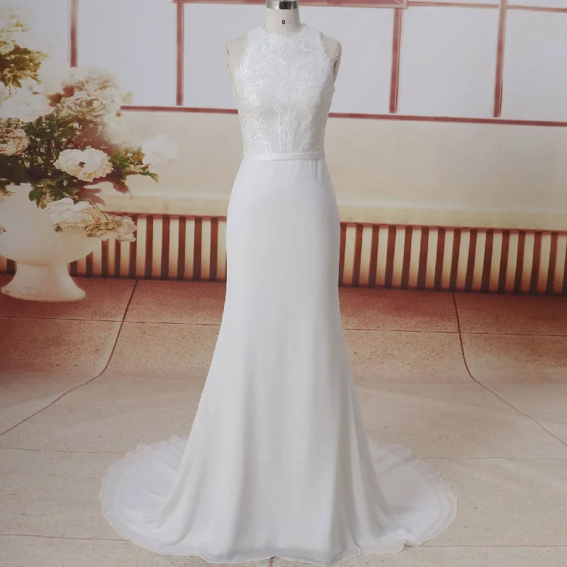 Limited Styles Elegant Details High O-neck Lace And Chiffon Mermaid Wedding Dress High-back