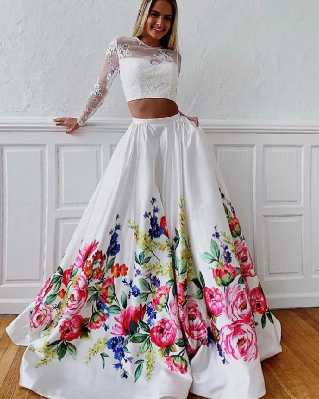 Stay Ahead In Style Romantic Flair White satin evening dress Floral Prints Prom Dresses    cg21719