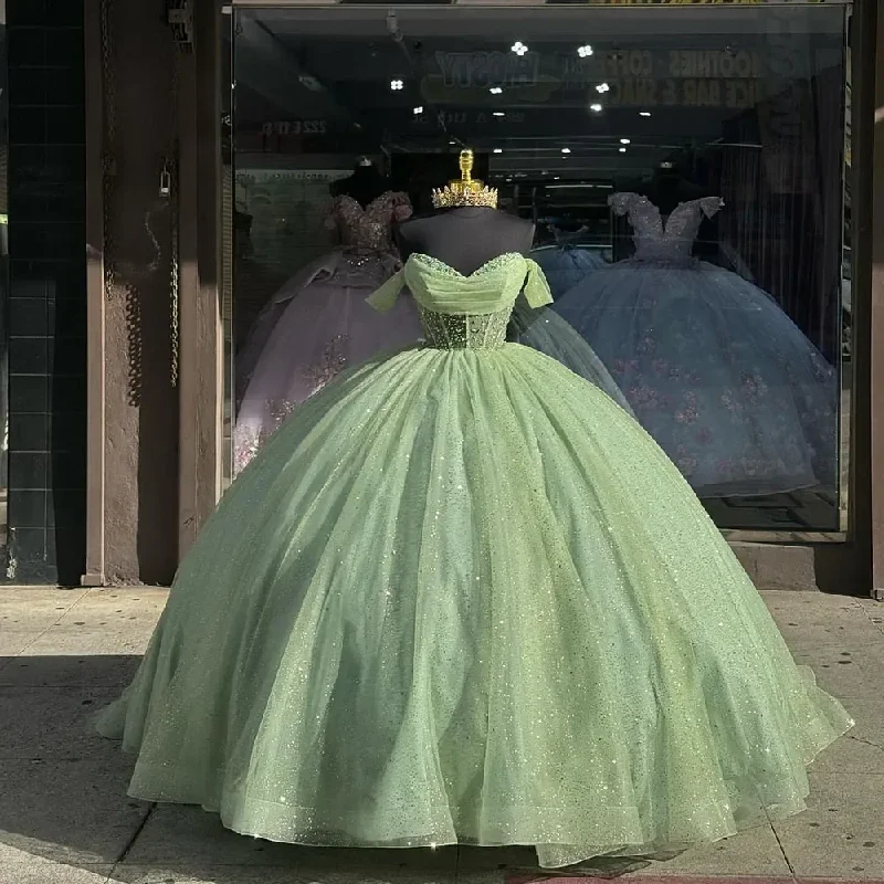 Limited Time Offers Bold Silhouette Sage Green Luxury Quinceanera Dresses Off The Shoulder Green Ball Gown Prom Dress Vestidos De 15 Anos Quinceaneras