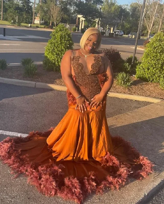 Discover Promotions Dreamy Draping Brown Long Mermaid Evening Recemony Party Dresses for Black Girl Plus Size luxury Diamond Crystal Feather Prom Gala Gown