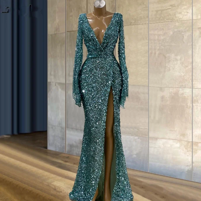 Classic Chic Deals Flash Sale Blue Glitter Sequins Mermaid Evening Gowns Long Sleeves Sexy Deep V Neck Front Slit Party Night Vestidos De Noite Prom Gowns,BG001