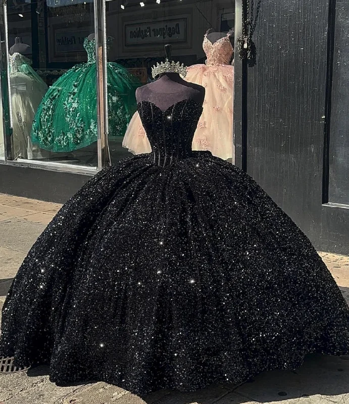 Day-To-Night Styles Luxury Style Black Sequin Corset Quinceanera Dresses With Bow Sweetheart Shinning Sweet 16 Dresses Ball Gown Birthday Gowns vestidos de 15