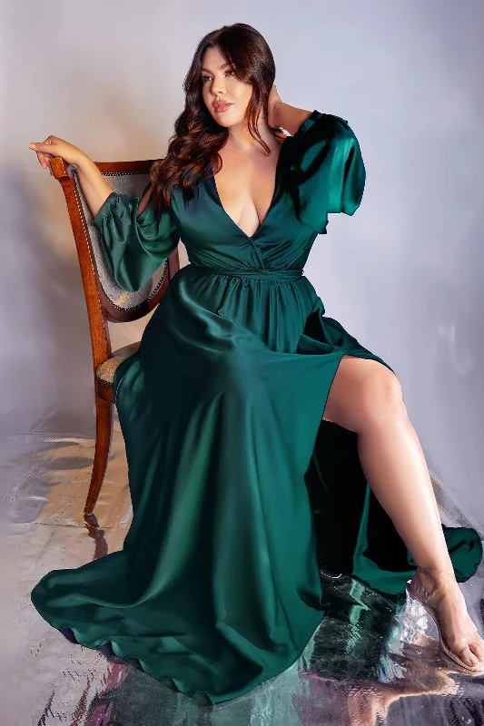 Chic Trends Unveiled Modern Glamour Cinderella Divine 7475C Plus Size Formal Long Sleeve Satin Dress Emerald