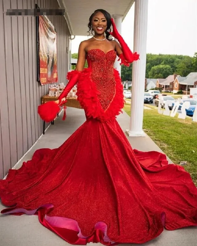 Comfort Meets Fashion Hollywood Glam Award - Show Style Red Luxury African Shinny Prom Dress For Black Girl With Glove Feathers Diamond Crystal Gillter Skirt Evening Formal Gown