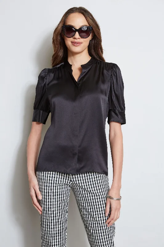 Spring Offer Feminine Elegance Silk Satin Ruched Sleeve Shirt