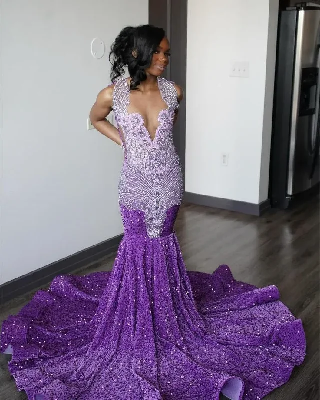 Timeless Elegance Redefined Rustic Countryside Charm Look Purple Sparkly Long Mermaid Prom Birthday Gala Dresses for Black Girl Luxury Diamond Velvet Sequins Evening Ceremony Gown