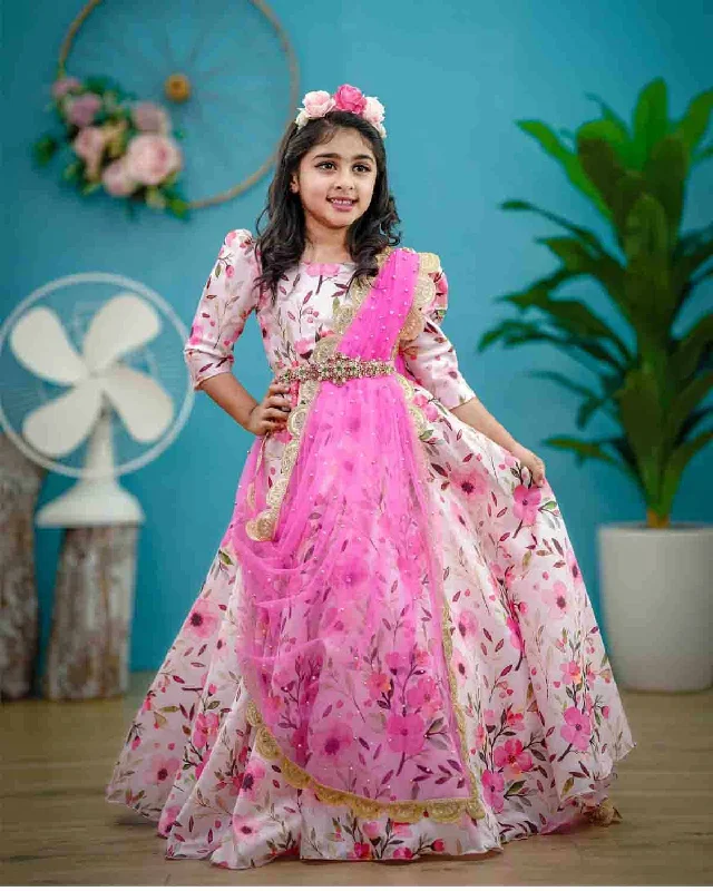 The Latest Fashion Trends Feminine Elegant Pre-Order: Pink floral printed gown with detachable dupatta with hand crafted waist belt