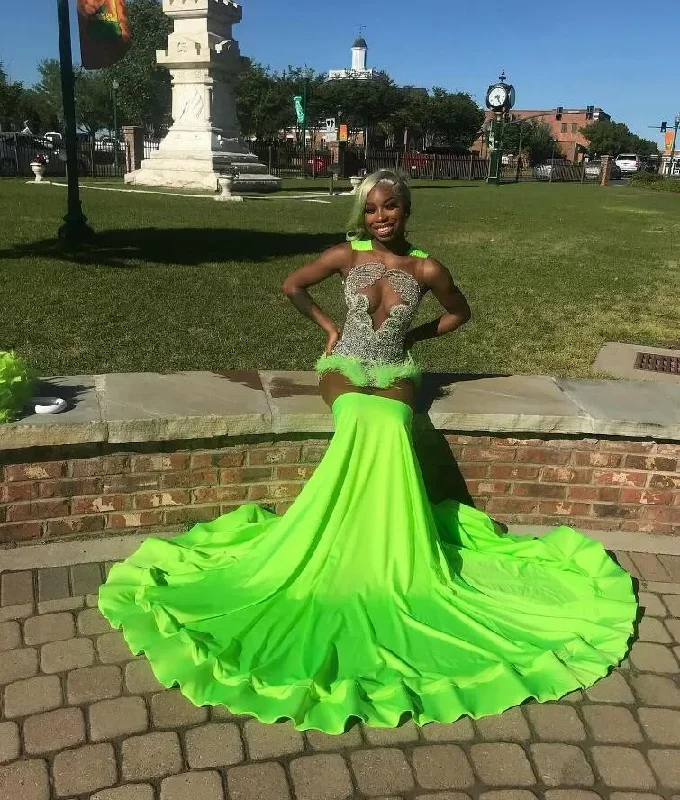 Unbeatable Deals Bohemian Vibe Fruit Green Sparkly Trumpet Evening Formal Party Dresses for Black Girl Luxury Diamond Feather Sheer Prom Birthday Gala Gown