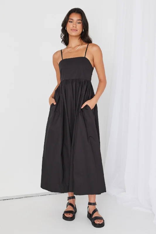 Minimalist Fashion Sale Lightweight Fabric Zion Black Poplin Strappy Maxi Dress