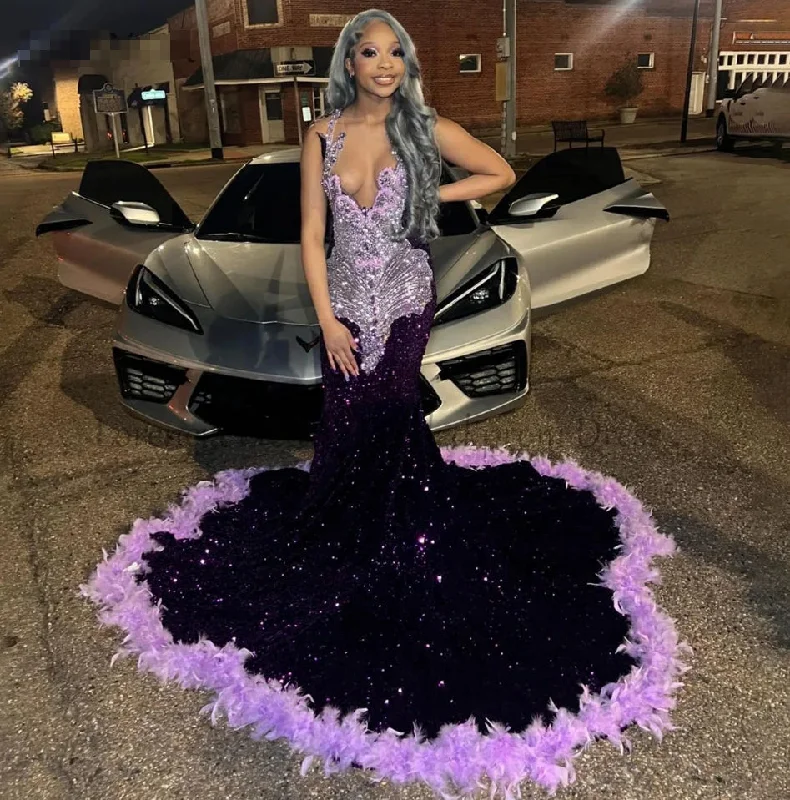 Seasonal Fashion Seasonal Trend Glitter Diamond Black Mermaid Prom Dress Black Girl Sequin Crystal Beads Feathers Evening Party Gown Formal robe chic soirée