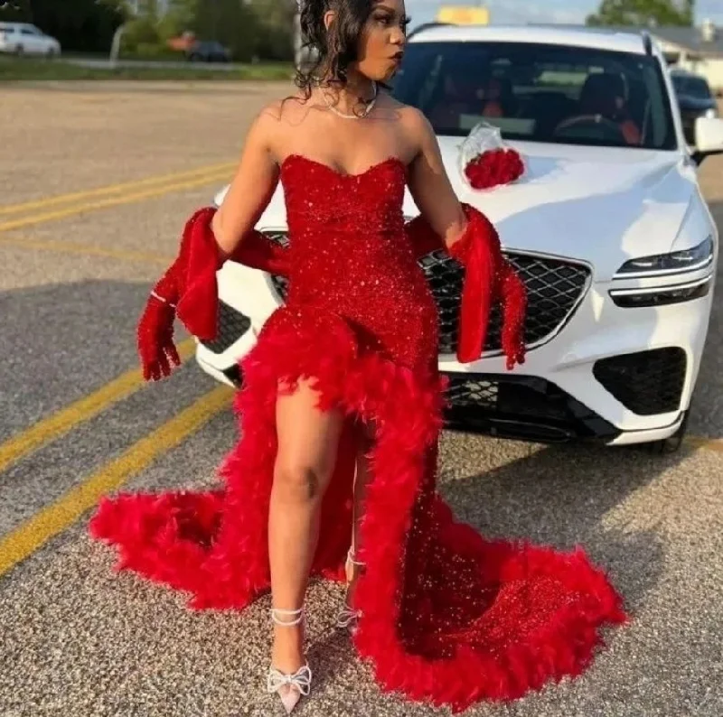 Casual Fashion Minimalist Chic Sparkly Red Mermaid Prom Dress For Black Girl Sweetheart High Split With Wrap Evening Gowns