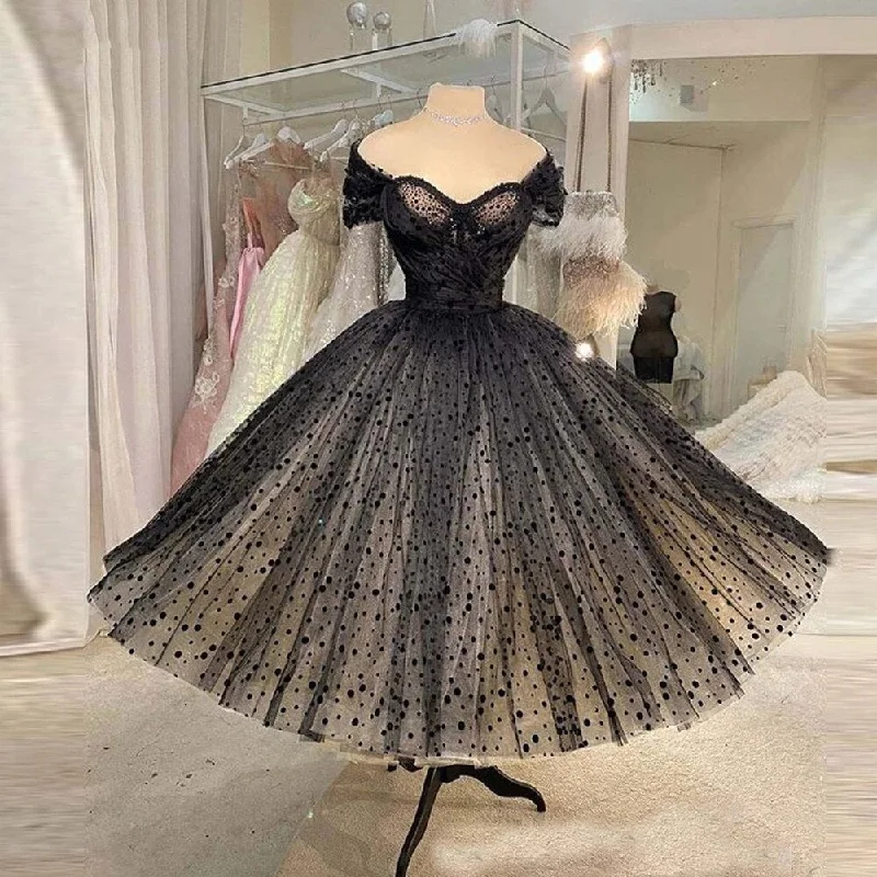 Athleisure Style Sale Effortless Sophistication Black Vintage Beads Polka Dotted Tulle Short Prom Dresses Cap Sleeves Fluffy Skirt Ankle Length Formal Gowns robes de soirée,MW046