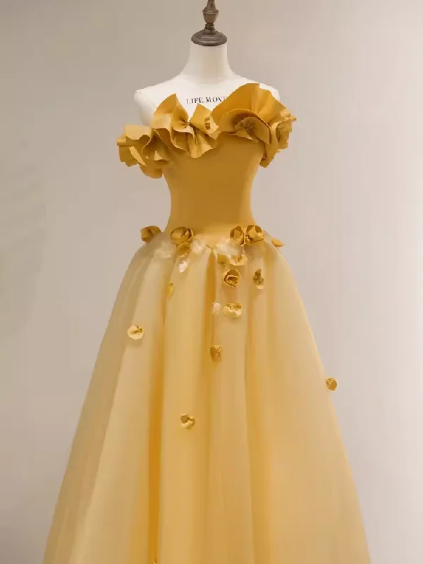 Discover Promotions Classic Appeal Fairy Ball Gown Sleeveless Yellow Long Floral Prom Dress B396