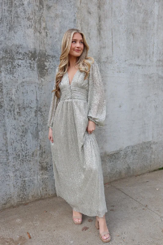 Luxe Style Discounts Classic Appeal Silver Lining Maxi Dress