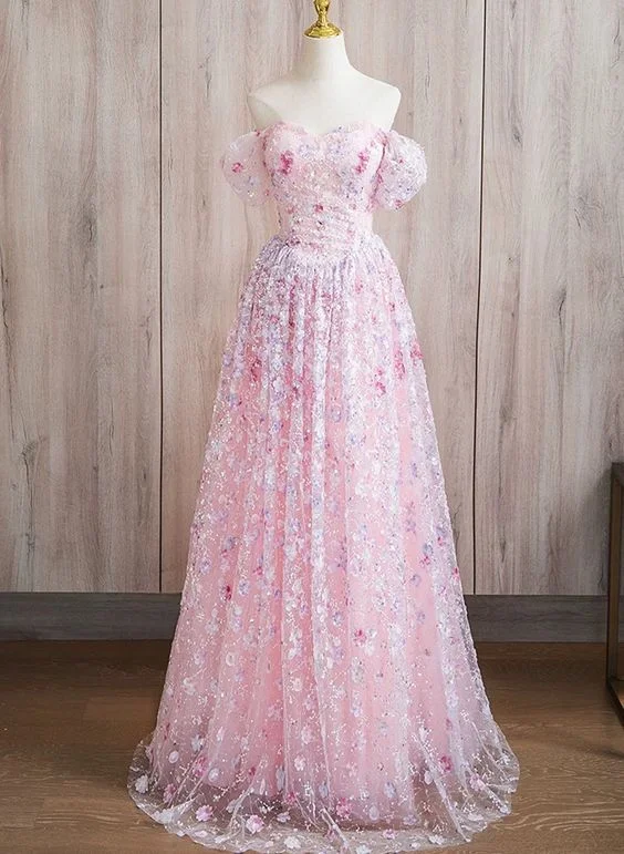 On-Trend Fashion Offers Dreamy Draping Elegant A line Off The Shoulder Short Sleeves Floral Pink Tulle Party Dress Prom Dresses Evening Dress C3206