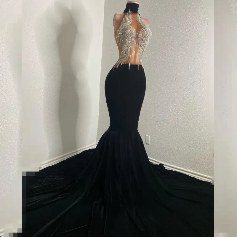 Flash Sale Classic Charm Sexy See Through Mermaid Prom Dresses Blackgirl Crystal Velvet Mermaid Party Gowns African Women